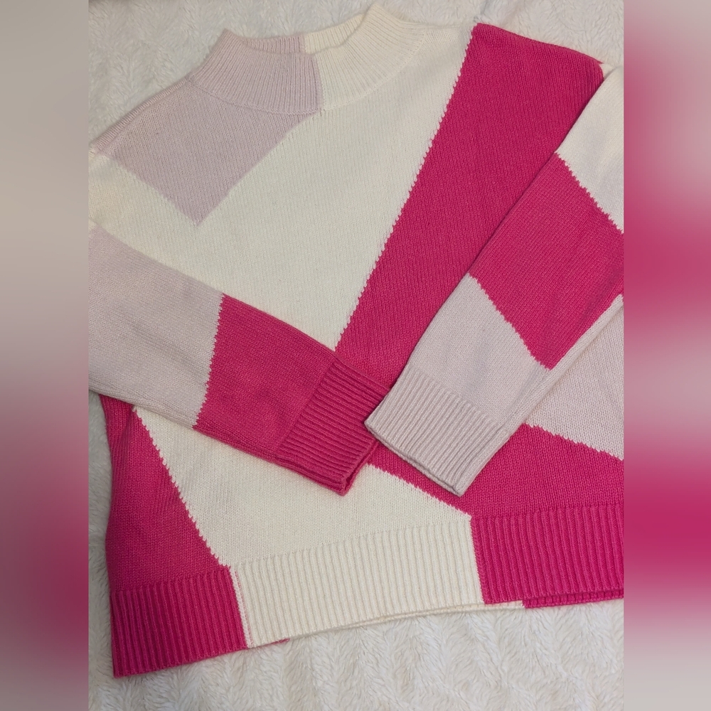 VINCE CAMUTO Colorblock Legacy Pink White Women's Sweater Sz M Holiday 2